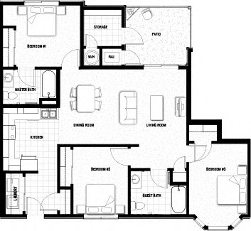 Floor plan for 3 beds, 2 baths, 1089 sqft
